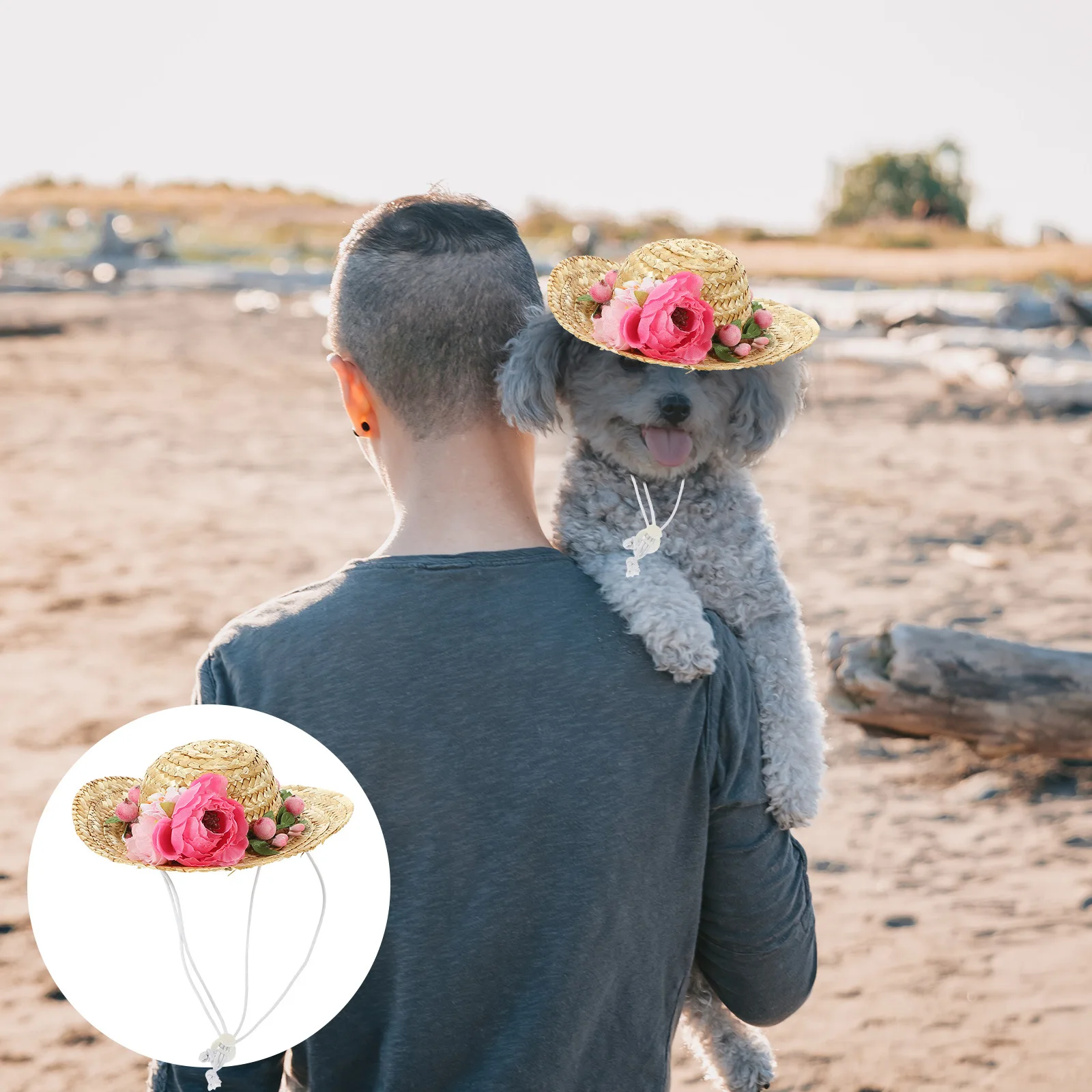 

1Pcs Pets Straw Hat Cute Dog Sun Hat Hawaii Style Pink Flower Decor Doggy Beach Party Accessory Pet Holiday Gift