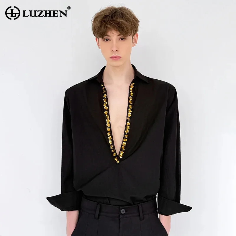 

LUZHEN Fashion Luxury Sequin Patchwork Big V Neck Design Long Sleeve Shirt Men's 2025 New Elegant Handsome Casual Clothes JY3198