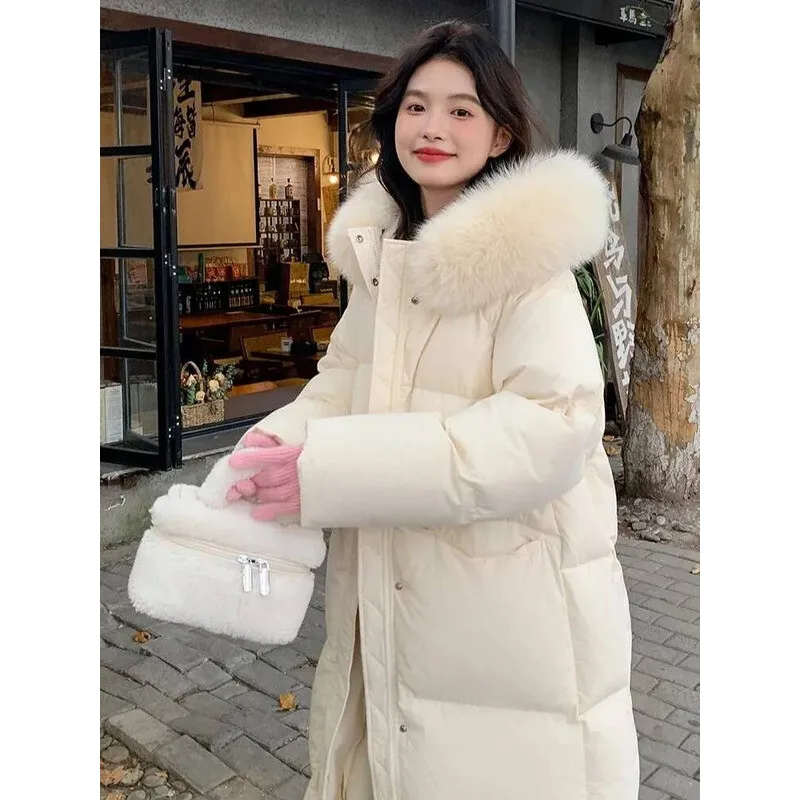

Winter Mid-Length Pink Women's Sweet Anti-Aging Design Large Fur Collar Cotton Coat