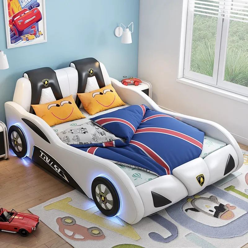 Children's furniture Children's bed Boys Car modeling Teen single bed with guardrail White