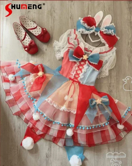 

Original Cos Costume Halloween Lolita Dress Sweet Girls Contrasting Color Y2k Bow Fur Ball Decoration Short OP Dress with KC