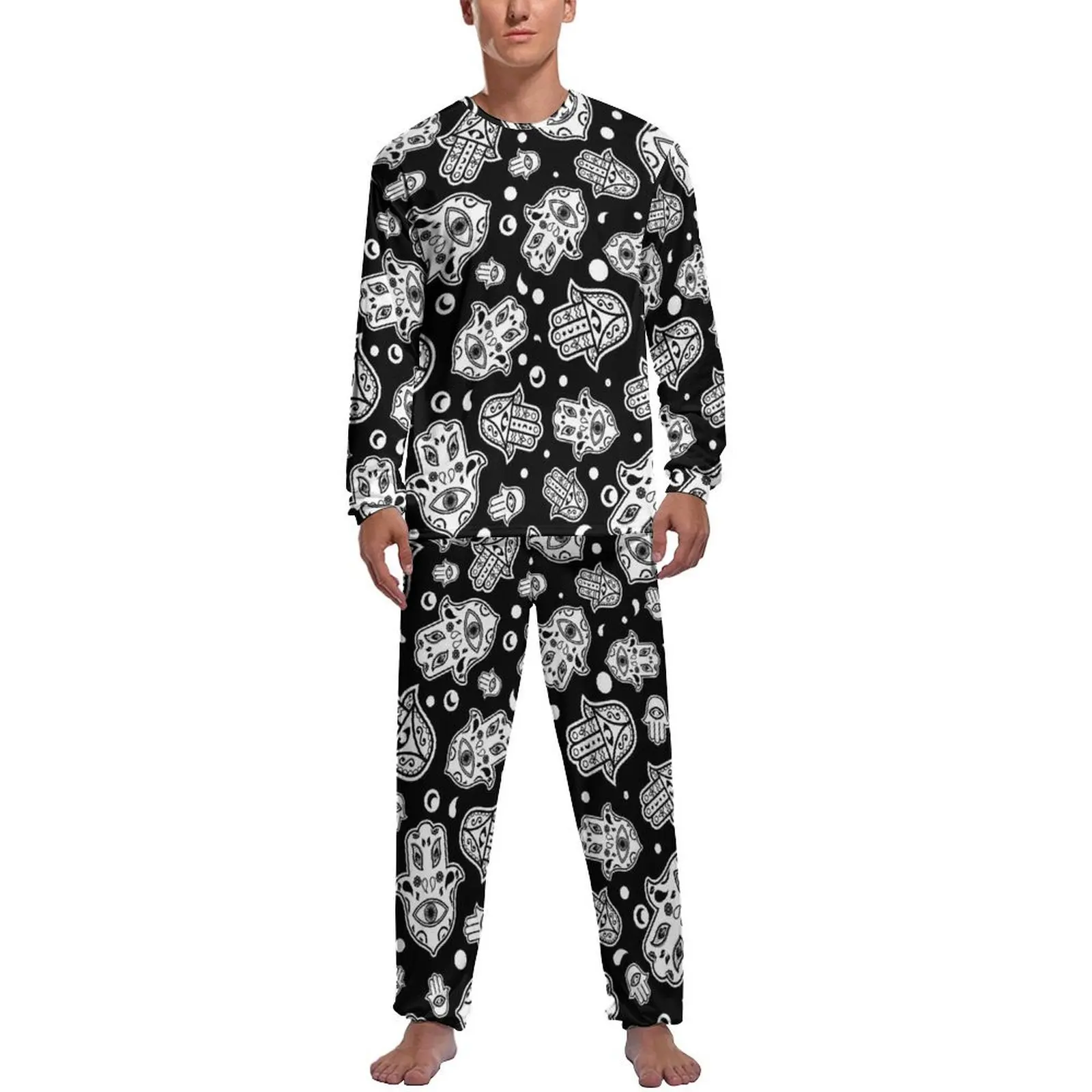 Evil Eye Print Pajamas Spring Hamsa Hand Casual Nightwear Male 2 Piece Graphic Long-Sleeve Trendy Pajama Sets