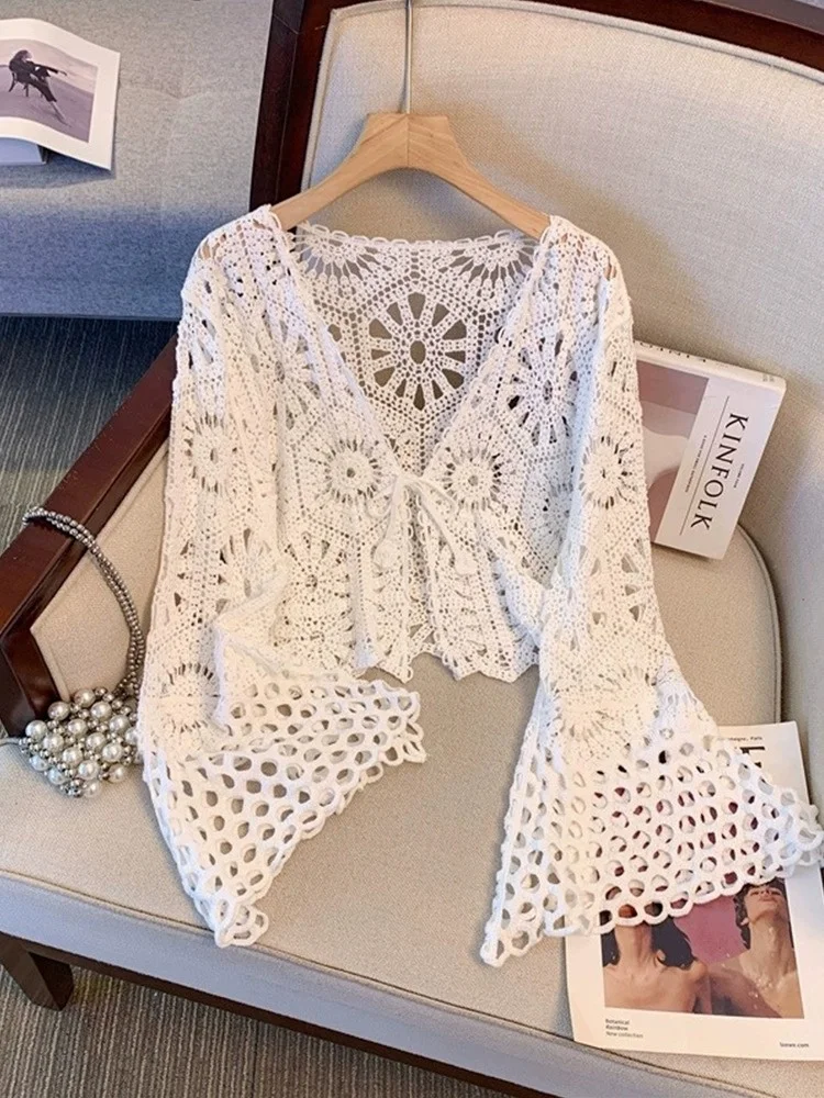 كارديجان نسائي طويل الأكمام بنمط بوهيمي، رقيق للصيف مع عقدة فراشة وحزام، قميص دانتيل للحماية من الشمس