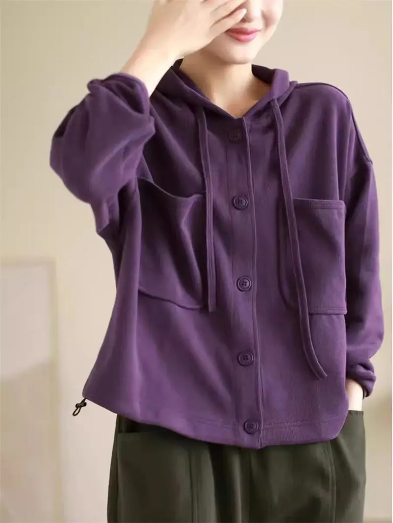 

2024 Spring And Autumn Cotton Knitted Coat Women's Solid Color Hooded Drawstring Sweatshirt Loose Versatile Cardigan Top K215