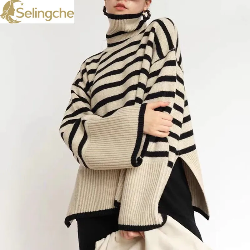 

Striped High Neck Sweater for Women 2024 New Spring and Autumn Loose Design Niche Knit Sweater Pullover Jacket