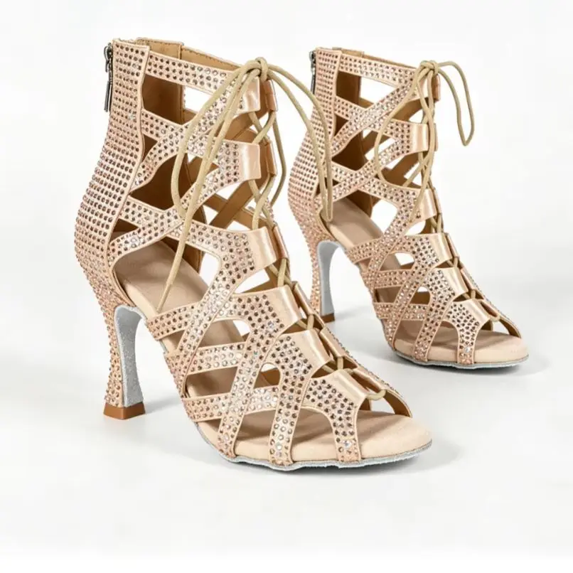 Evk Rhinestone Latin Dance Ankle Boots Women Peep Toe Stiletto Heel Salsa Ballroom Tango Shoes Girls Sneaker Dancing Sandals