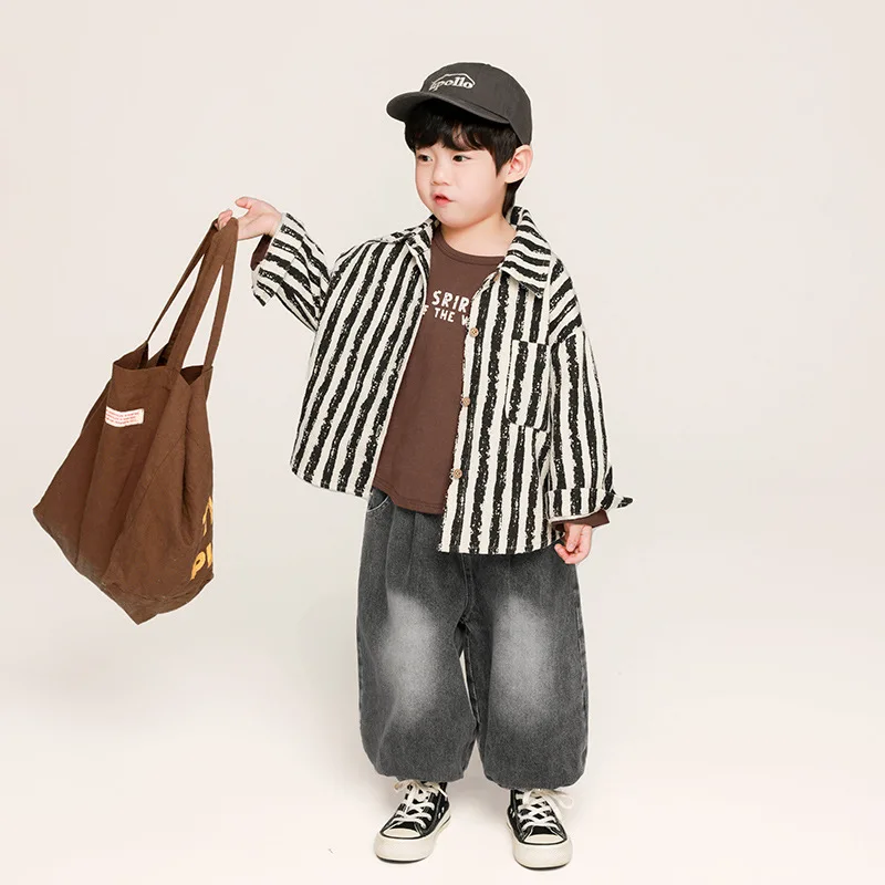 Children\'s Clothing Boys\' Shirts Autumn Children\'s  Spring and Autumn Vertical Striped Shirts Long Sleeved Tops Outerwear