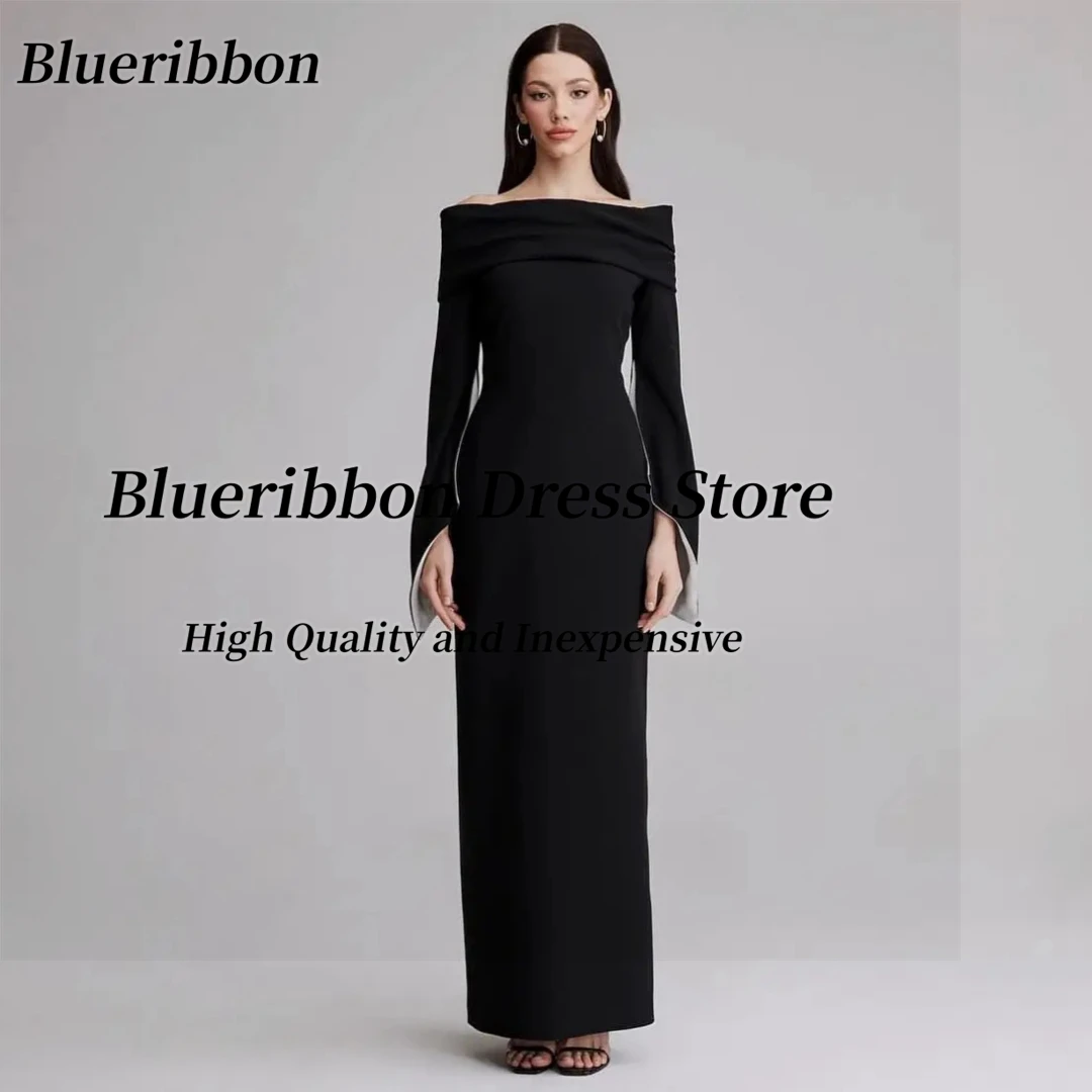 

Blueribbon Black Sheath Evening Dresses Customized Boat Neck Side Slit Long Sleeves Prom Dress Zipper Back Special Occasion Gown