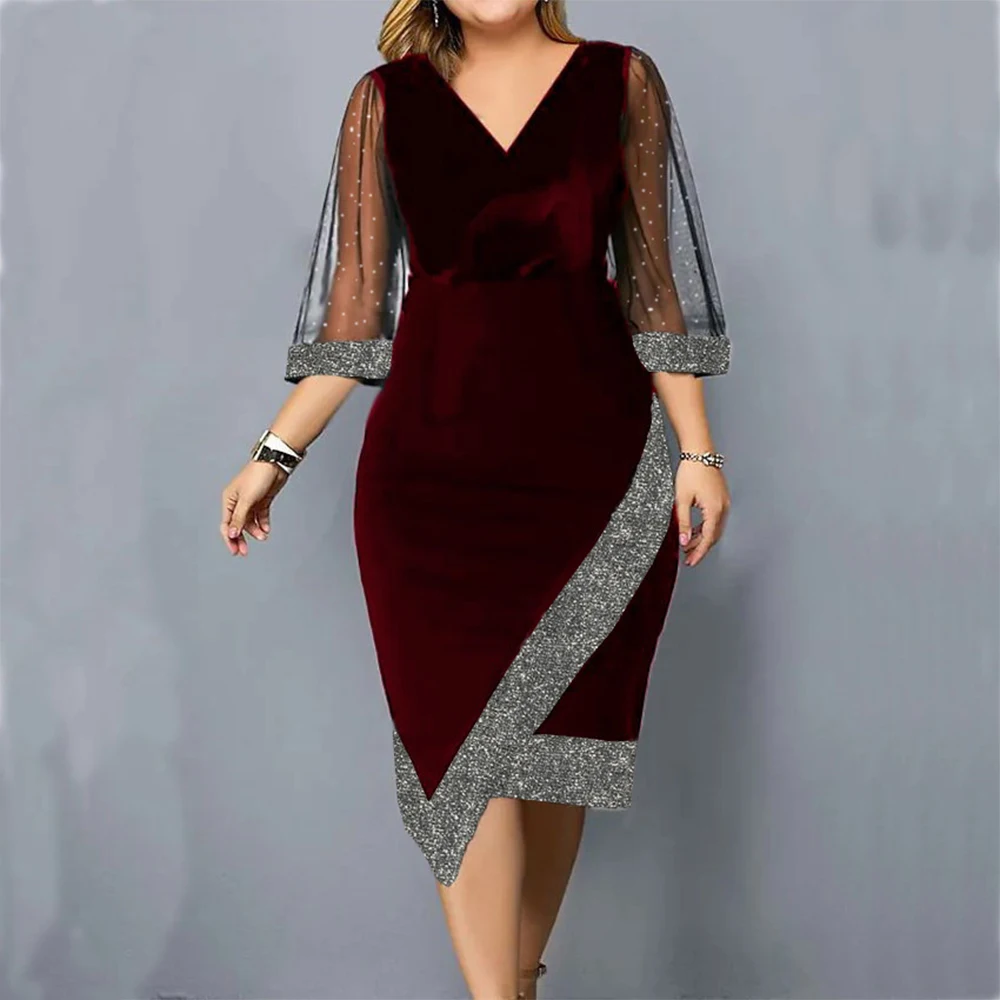 Plus Size L-5XL kobiet elegancka sukienka z dekoltem w szpic aksamitna nieregularna srebrny przewód przezroczysta siateczka długa sukienka suknia