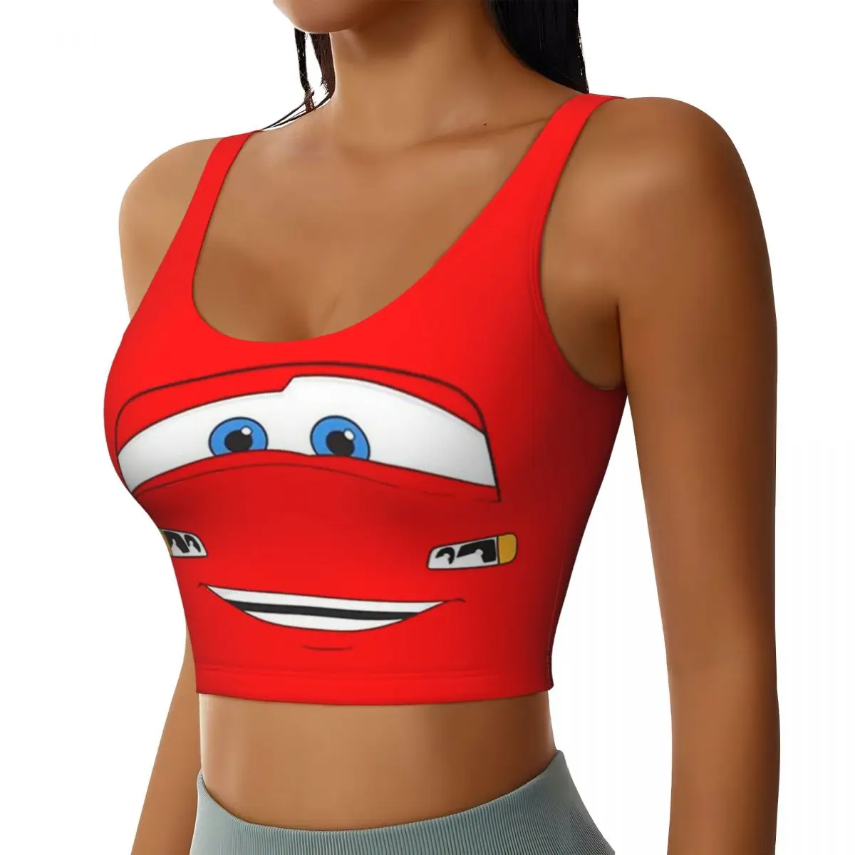 Custom Happy Cars Lightning McQueen Sports Bra for Women Cartoon High Impact Workout Yoga Crop Top