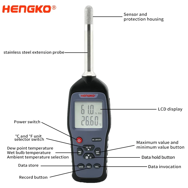 HENGKO HG972 Multi Functions handheld Thermometer Hygrometer Temperature and Humidity data logger Meter with USB Interface