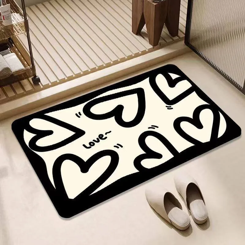 Absorbent Bathroom Rug Diatomite Non-slip Quick-drying Floor Mat Black and White Bath Carpet Toilet Area Rugs Home Decor Mats