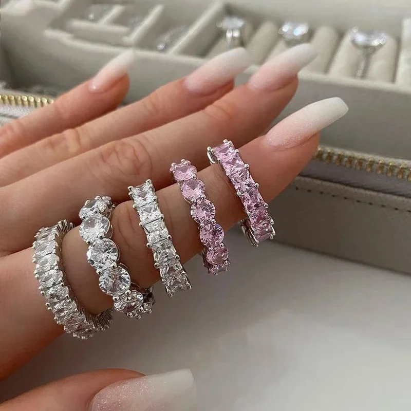 

New Arrived Round Cut 5mm White Pink Full CZ Paved Eternity Band Ring For Women Engagement Wedding Rings Jewelry Drop Ship
