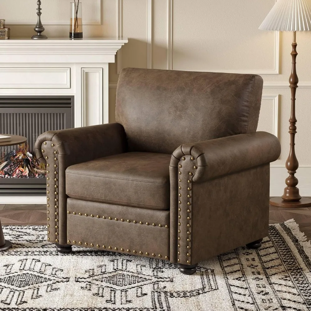 

Nailhead Trim Accent Chair, Faux Leather Club Chair for Living Room, Comfy Armchair with Springs Cushions & Solid Wood Legs, Tra
