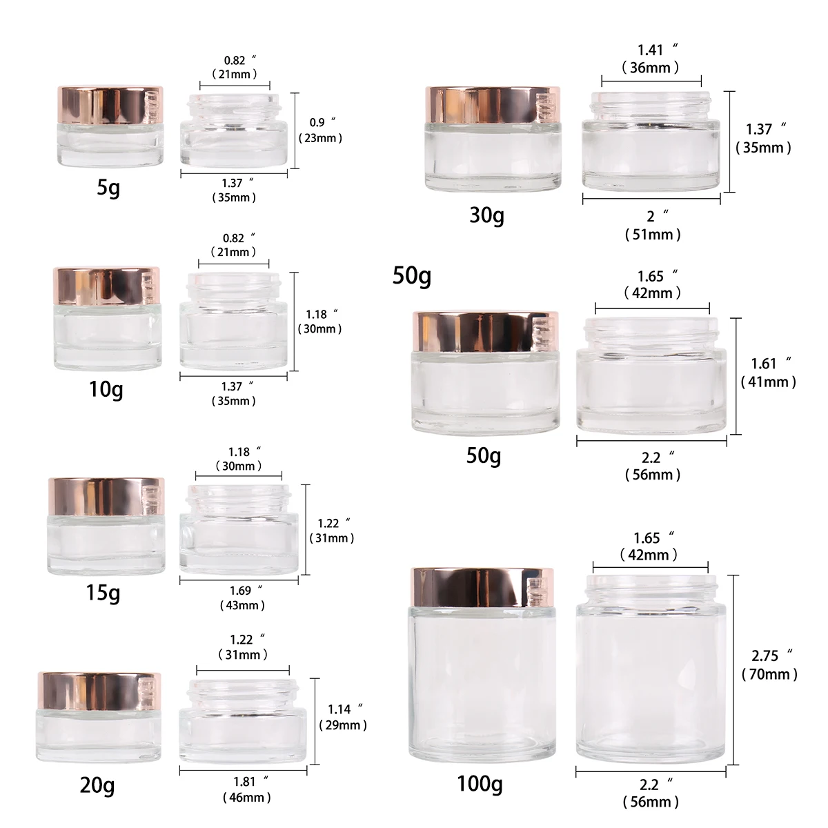 6pcs/12pcs 5g/10g/15/20g/30g/50g/100g Tranparents Glass Cream Bottle Eyeshadow Makeup Face Cosmetic Container with Rose-Gold Lid