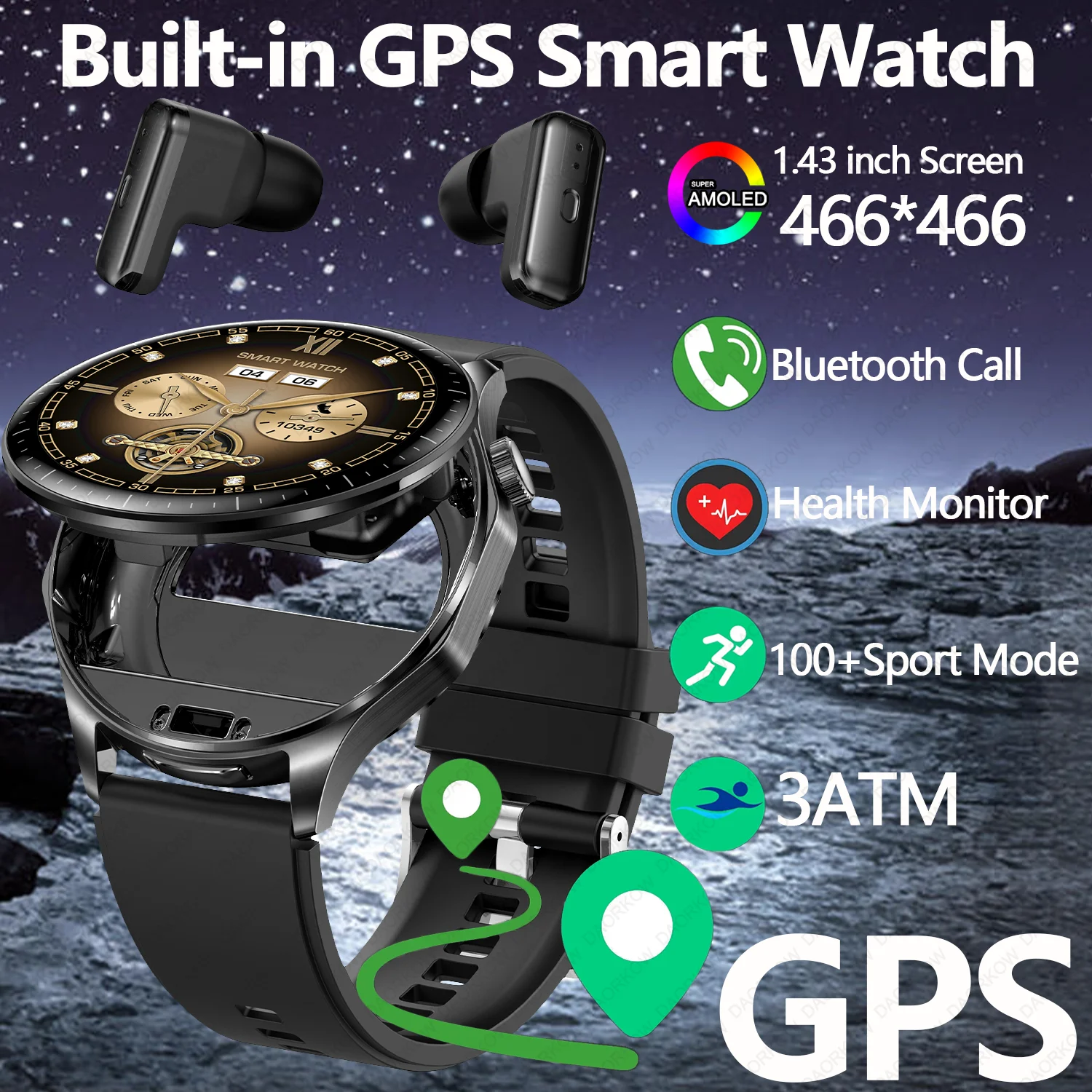 

DAORKOW Smart Watch Bluetooth Call Wireless Earbuds 2 in 1 TWS Earphone Fitness Tracker Noise Music Music Headset Smart watch