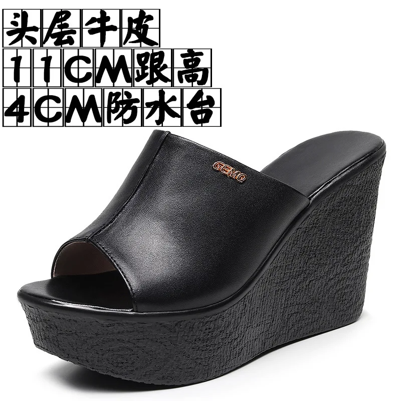 Leather high slope heel muffin thick bottom waterproof table fitting room cool slippers extra small size outside women's sandals