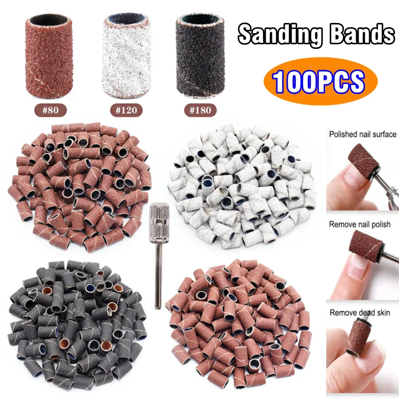 100Pcs Nail Sanding Ring Bands Electric Manicure Nail Drill Bits 80/120/180/240 Grit UV Gel Polish Removal Accessory Tool