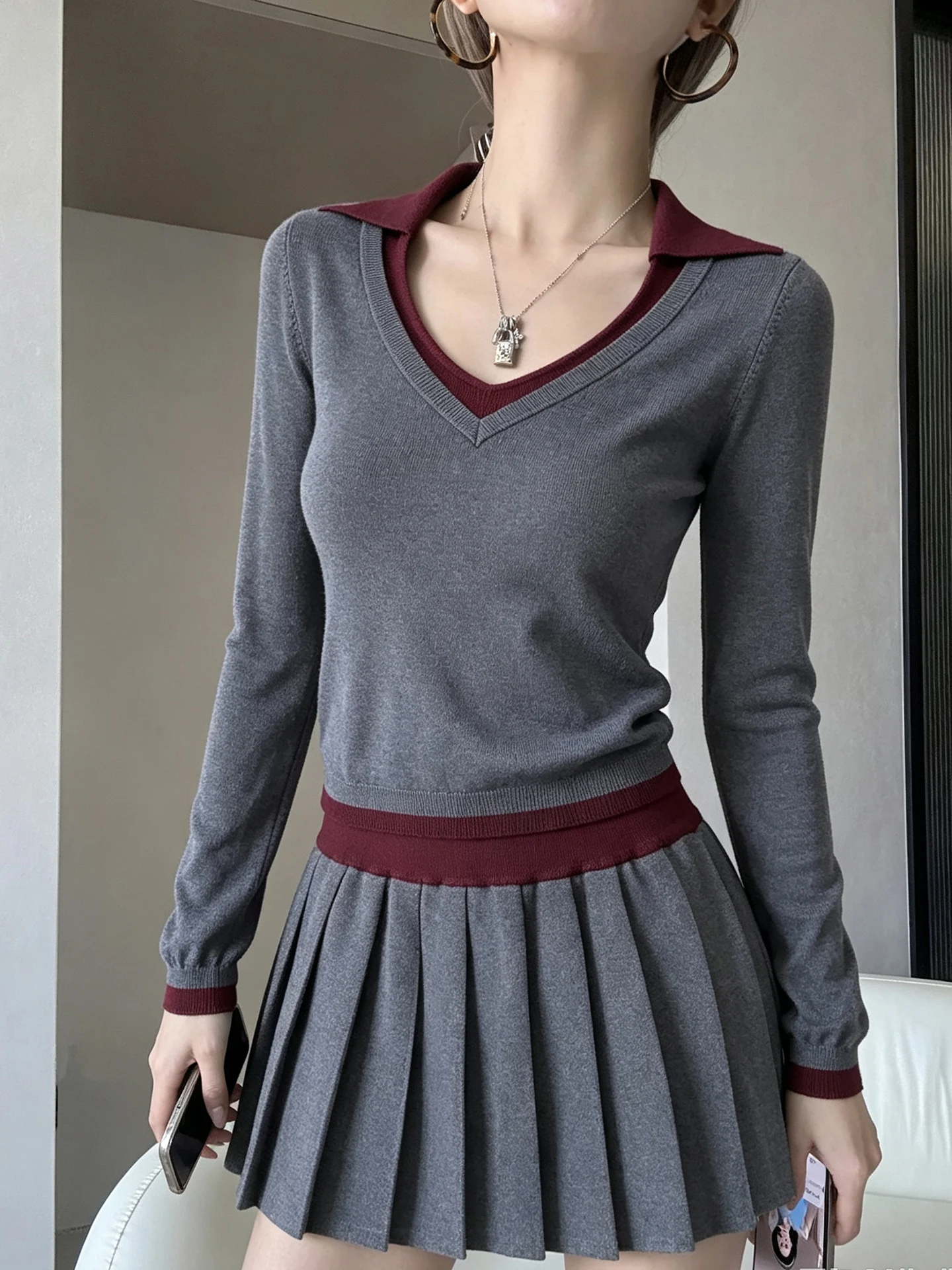 MianCun College Style Long Sleeve Knitted Sweater Women's Low Waist Belted Pleated Skirt Two-Piece Set Contrast Color Collar