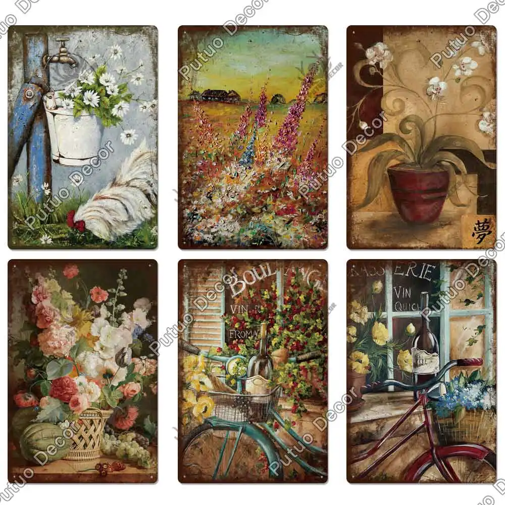 Putuo Decor Flower Vintage Tin Sign Metal Sign Decorative Plaque Garden Living Room Kitchen Club Decor Wall Decoration