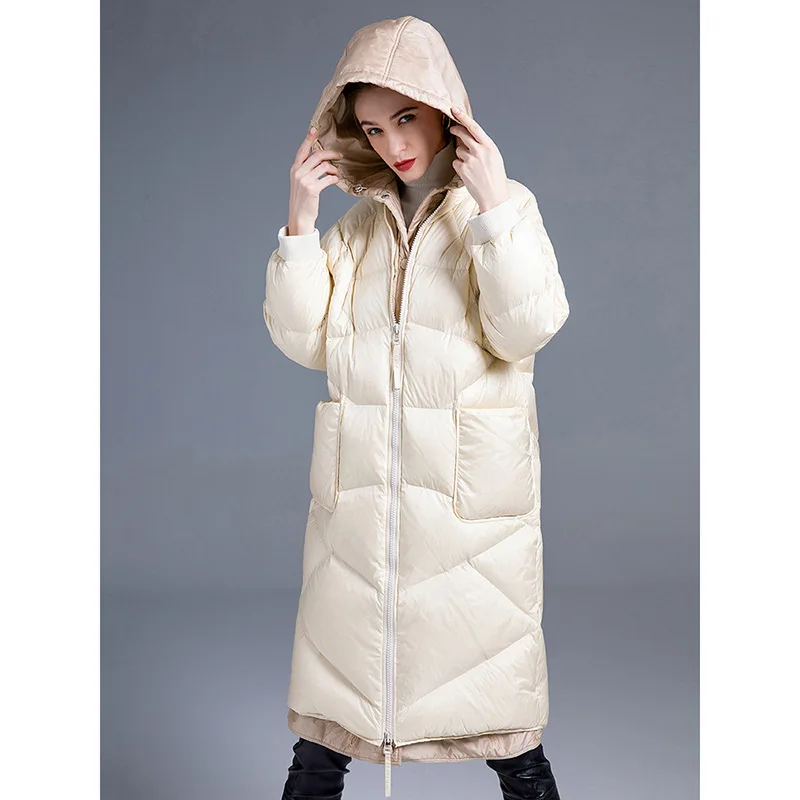 Winter New High End European Women White Duck Down Coat Mid Length Fake Two Piece Loose Warm Down Coat Fashion Women Overcoat