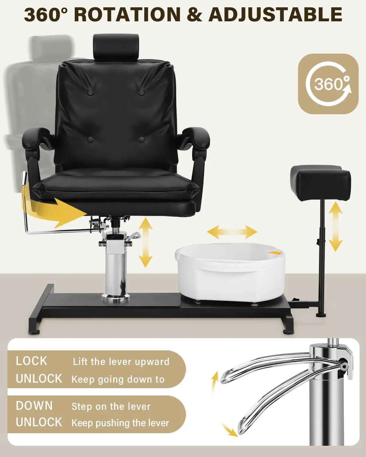 Estação de pedicure portátil reclinável, com bancos de pedicure para tecnologia de unhas, altura hidráulica ajustável, silla pedicure giratória 360