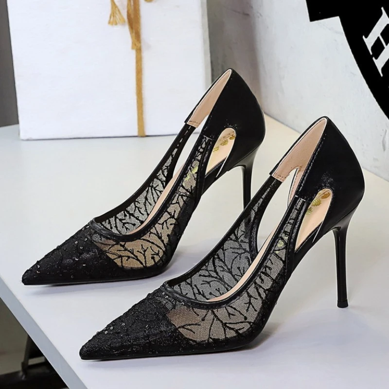 BIGTREE New Design Hollow Out Glitter Mesh Embroidery Women Pumps Sexy Wedding Thin High Heels Pointed Toe Shoes view 5