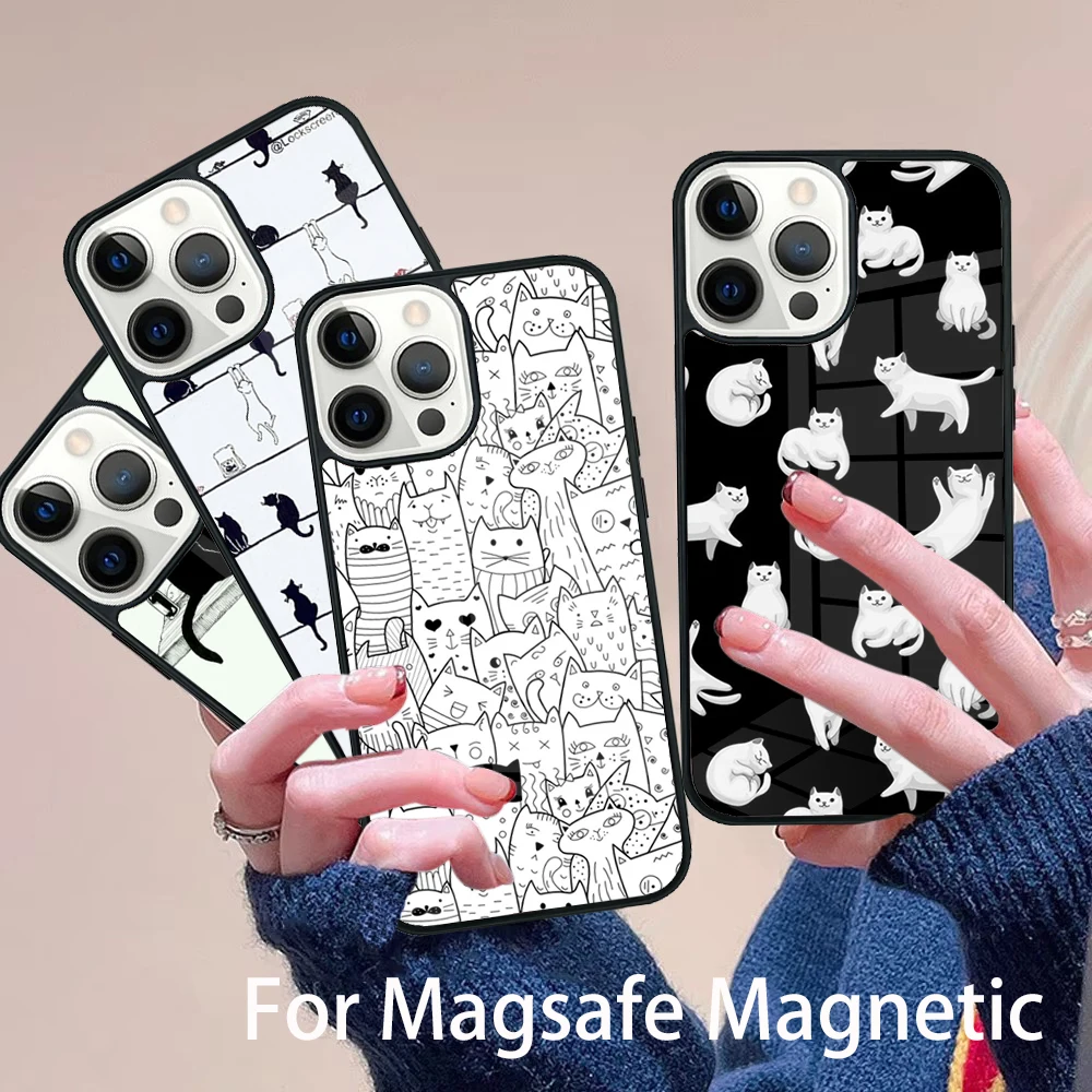 

Black Cats Ink Cute Pet Witch Art Phone Case Magesafe Magnetic Wireless Charge Cover For IPhone 16 11 12 13 14 15 Pro Max Plus