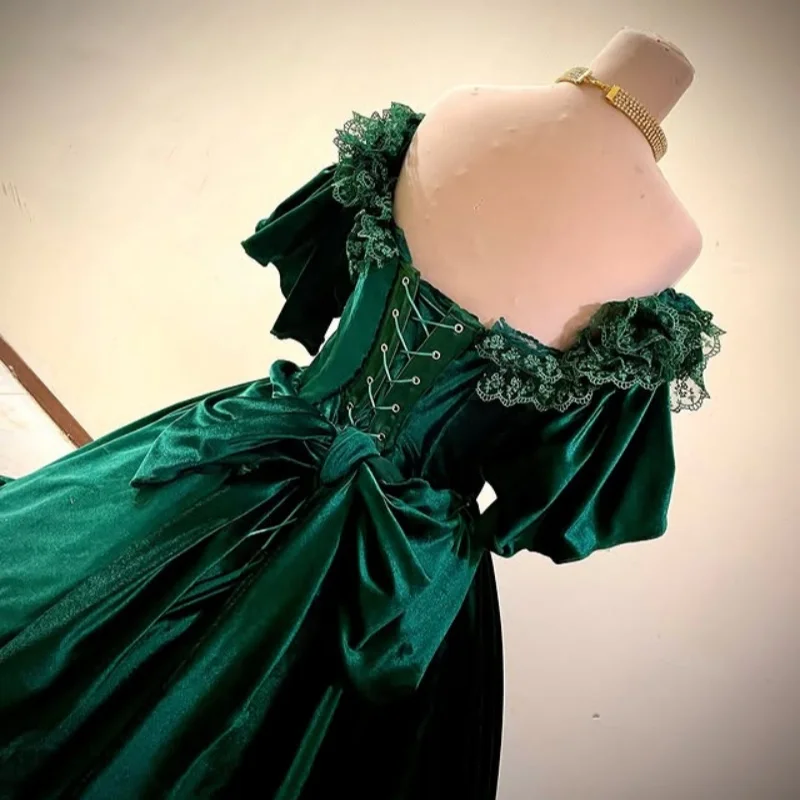 맞춤형 심플 블랙빛 녹색 킨세아녜라 드레스 오프숄더 아플리케 레이어링 롱테일 보우 베스티도 15 킨세아녜라