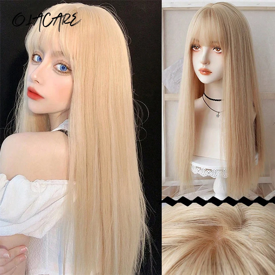 

Long Natural Wavy Platinum Blonde Wigs With Bangs Cosplay Party Lolita Synthetic Straight Wigs for Women Heat Resistant Fiber LM