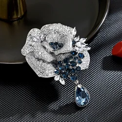 Sparkling Crystal Rose Tassel Brooch for Woman Luxury Micro-inlaid Zircon Corsage Coat Suit Accessories Pins High-end Jewelry