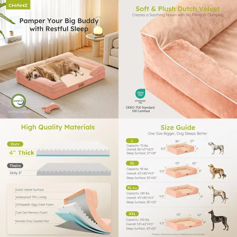 

Ортопедическая охлаждающая лежанка для собак XL с гелевым наполнителем, со съемным моющимся чехлом, 42 дюйма, в форме дивана из голландского вельвета, персиково-розовая, с игрушкой-косточкой