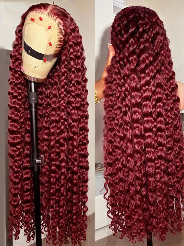 99J Burgundy 38 inch Deep Wave 13x6 HD Lace Front Human Hair Wigs Brazilian Curly 13x4 Lace Frontal Wig 5x5 Glueless Closure Wig