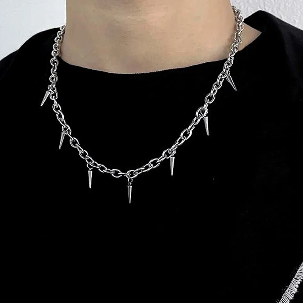 Men Punk Style Rivet Tassel Necklace Women Fashion Geometric Titanium Steel Hip Hop Chain Necklace