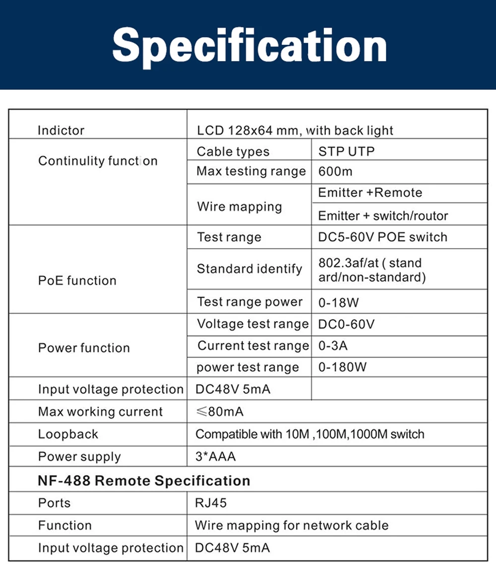 NOYAFA NF-488 LCD-Netzwerk-PoE-Tester für Ethernet Cat5 Cat6 LAN-Kabel, Schleifentestgerät – Detail 3