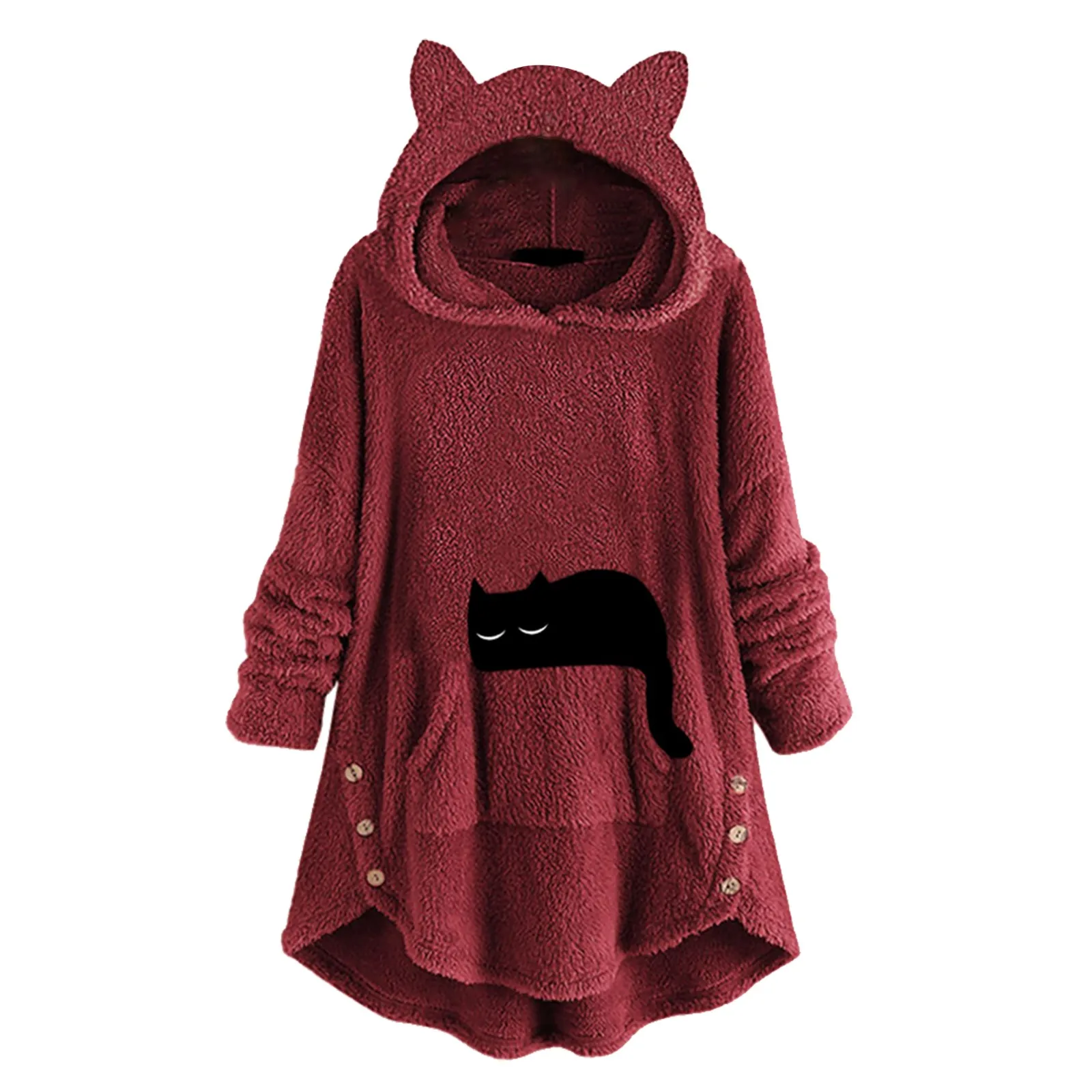 Fashion Hoodies Women Jacket Button Cat Ear Coat Tops Hooded Pullover Loose Sweatshirts Plus Size Warm Thick Fleece Outerwear