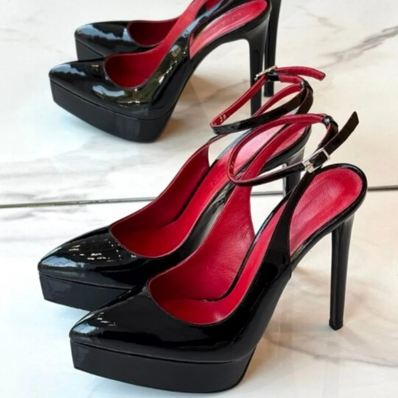 

Black Patent Leather Platform Pointed Toe Pumps Stiletto Heels Ankle Buckle Strap Hollow Out Dress Pumps Women Shallow Shoes