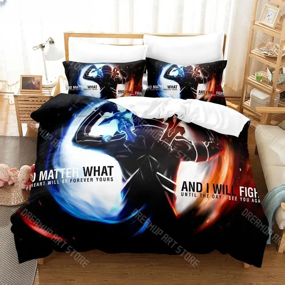 Juego de Ropa de Cama con Estampado 3D de Sword Art Online SAO Kirito Asuna para Niños y Niñas, Funda de Edredón en Tamaños Individual, Matrimonial, Queen y King