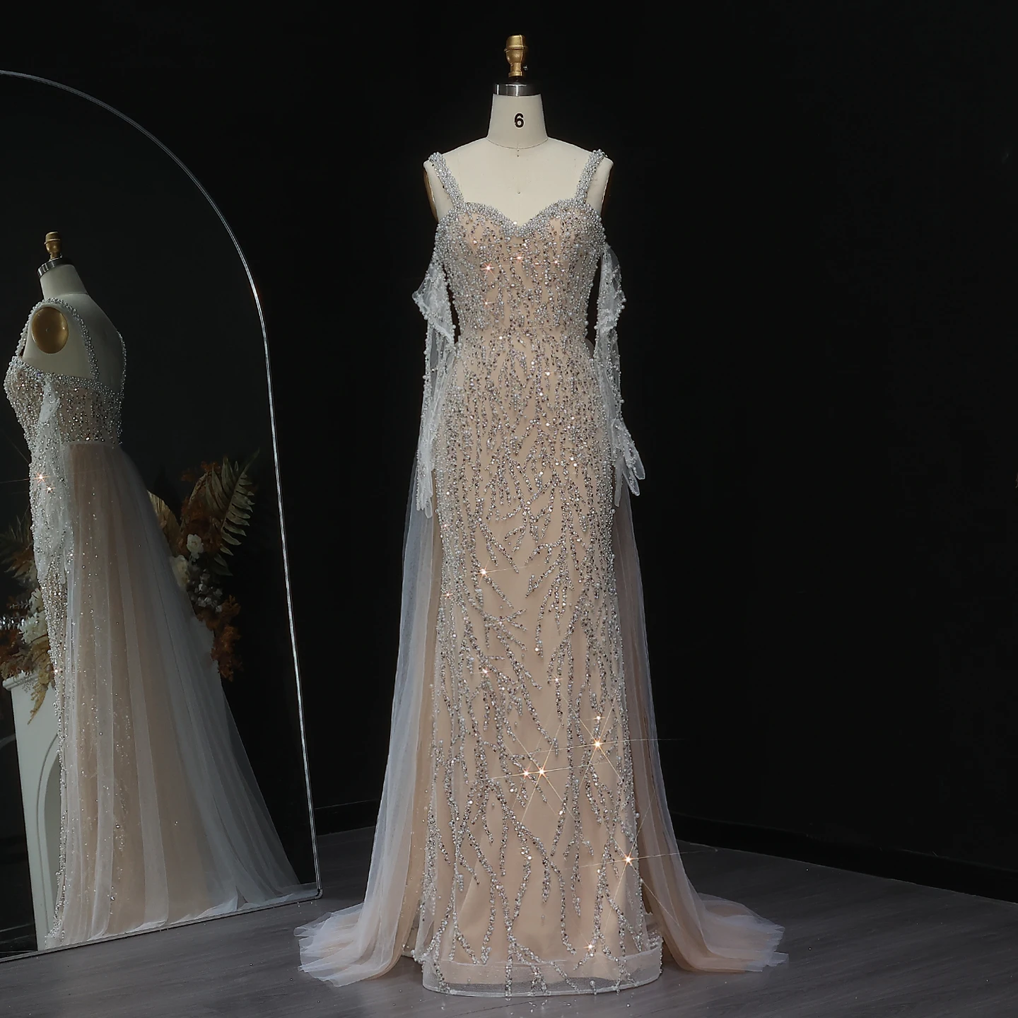 

Sharon Said Champagne Luxury Beaded Mermaid Evening Dress With Gloves Spaghetti Straps Wonen Wedding Party Gown SS634 Customized