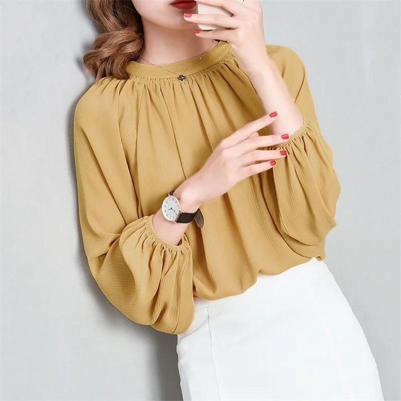 3XL Loose Women Spring Autumn Blouses Shirts Lady Fashion Casual Long Sleeve O-Neck Collar Yellow Clothing Blusas Tops G2564