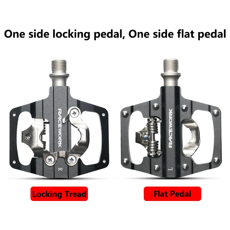 RACEWORK Mountain Bike Pedal Flat Step Lock Step Dual Use Aluminium Alloy Bicycle Pedals  For SPD System Cycling Parts