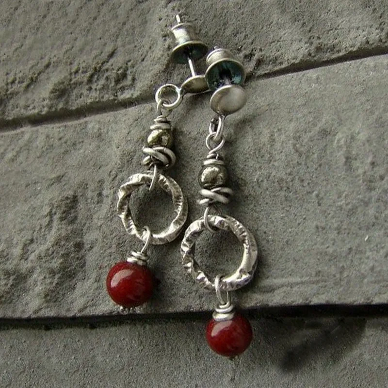 Ethnic style beating ring alloy bead stud earrings Bohemian retro agate earrings