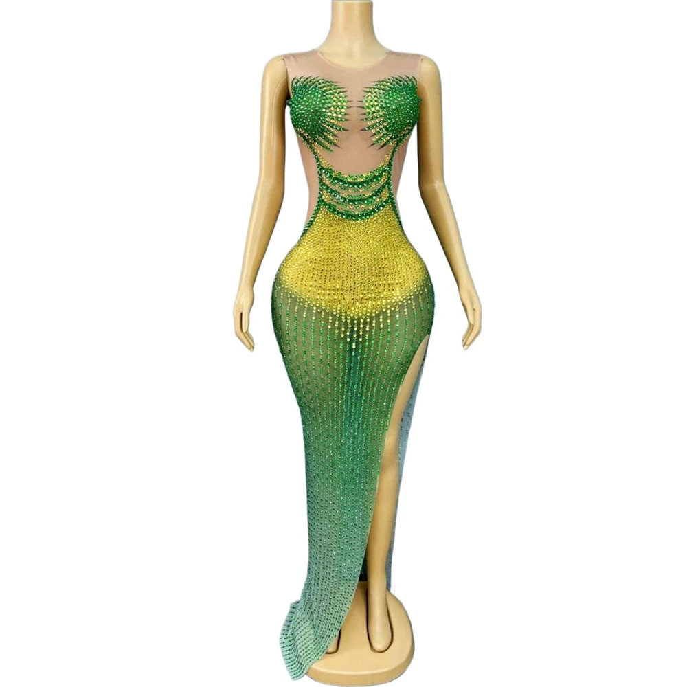 

Sparkly Rhinestones Sleeveless Long Dress for Women Sexy Mesh Transparent Birthday Celebrate Birthday Dress Photo Shoot Wear