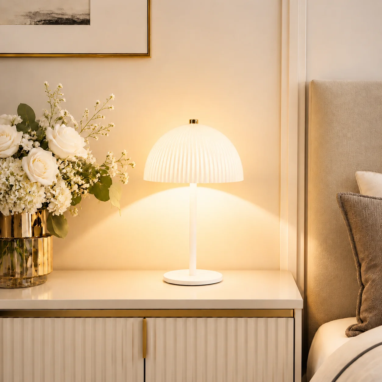 Modern Rechargeable Table Lamp, Elegant Ribbed Dome Shade Design, Perfect for Modern Home Decor, Touch Control LED Lamp