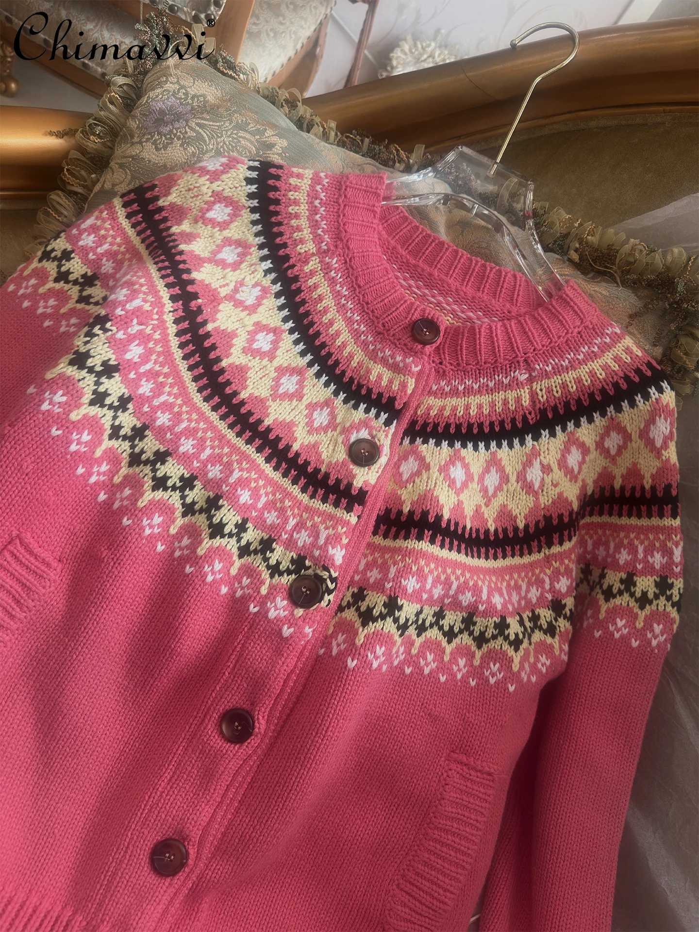 2025 ملابس الشتاء عيد الميلاد جديد سترة معطف موضة الجولة الرقبة فتاة الرجعية الجاكار فضفاضة عادية كم طويل سترة مشغولة من الصوف