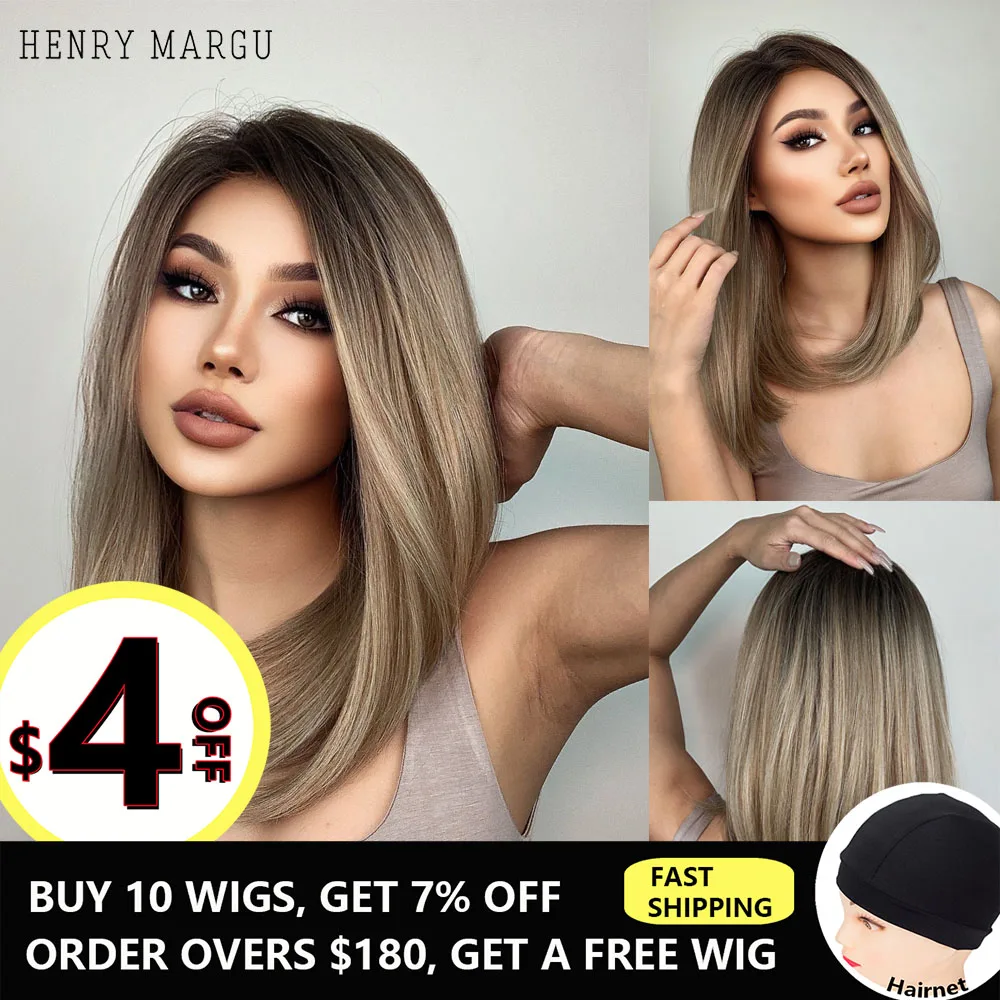 HENRY MARGU Bob Straight Synthetic Lace front Wig for Women  Ombre Blonde Natural Hairline Lace Wigs Side Part Heat Resistant