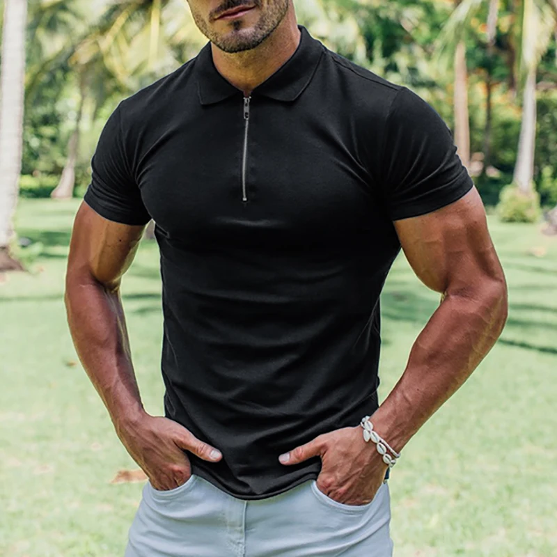 New Summer Fashion Polo Shirt Mens Stretch Cotton Sports Polos Male Zipper Short Sleeve Slim Fit T Shirt Casual Gym Clothing