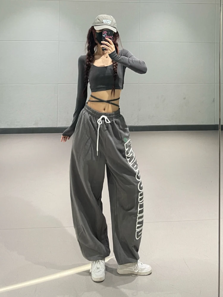 

Lin Xiaohua спортивные брюки с глубокими глазами и надписью, женские тонкие повседневные длинные брюки для джазовых уличных танцев с эластичной резинкой на талии