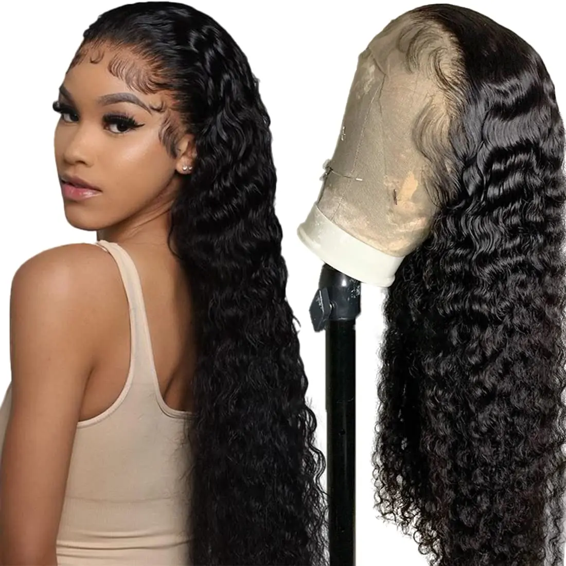 Perruque Lace Closure Wig Remy Brésilienne Naturelle, Cheveux Bouclés, Deep Wave, Transparent HD, 4x4, 150% 180%, 30 Pouces, pour Femme