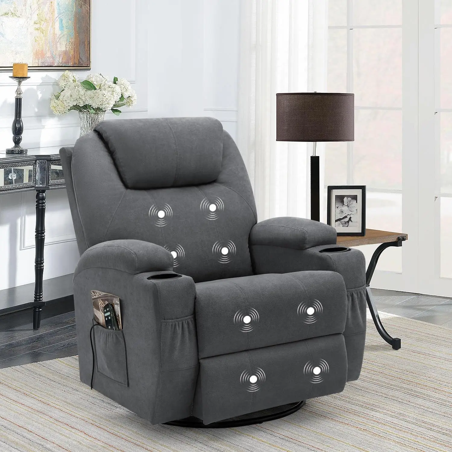 

Rocking chair with massage and rotating ergonomic classic single sofa with 2 cup holders and side pockets